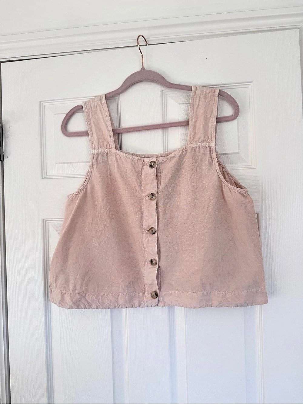 Madewell Blush Pink Linen Blend Square Neck Button Front Crop Tank Size 12